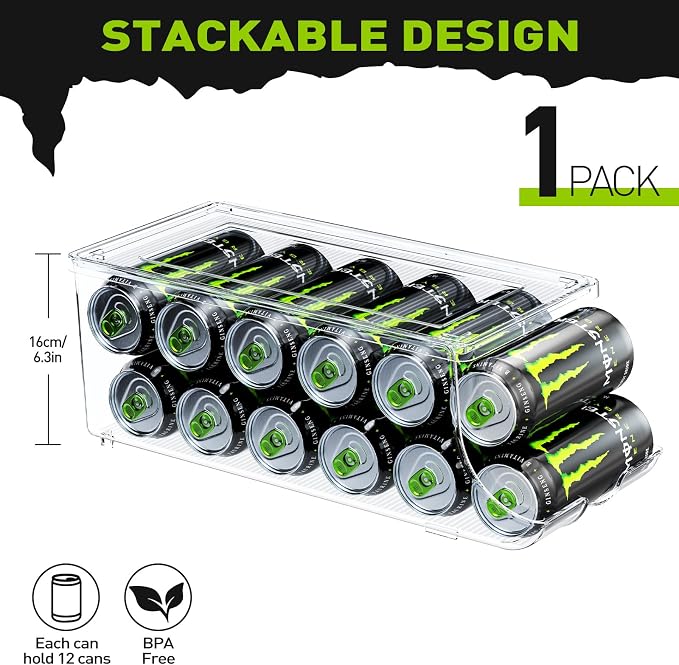 SCAVATA Soda Can Organizer for Refrigerator for Tall Cans of 16oz & 17oz, Stackable Beverage Cans Container Holder Dispenser with Lid for Fridge Pantry Rack Freezer (One Pack) - Image 2