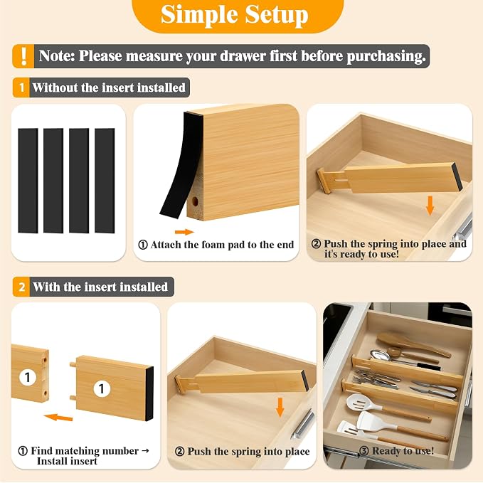 Bamboo Drawer Dividers, 12-21 Inch Kitchen Adjustable Drawer Organizers | Expandable Dresser Separators for Clothes, Ideal for Kitchen, Bathroom, Vanity, Office Organization and Storage, 4-Pack - Image 5