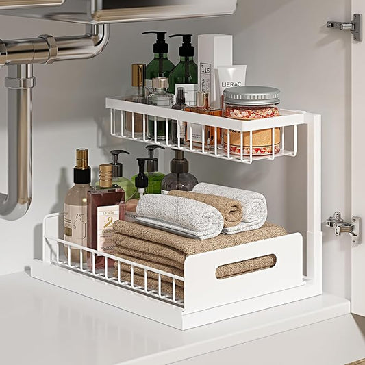 Under Sink Organizer, L-Shaped 2 Tier Pull Out Cabinet Organizer | Slide Out Sink Shelf Cabinet Storage Shelves, Under Sink Storage for Kitchen Bathroom Cabinet, White, 1 Pack by REALINN