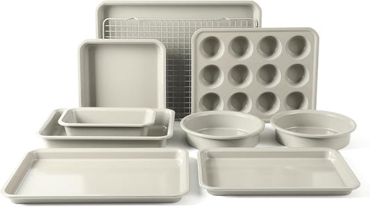 Calphalon Legacy 10-Piece Nonstick Bakeware Set, PFA-Free Nonstick Coating, Oven Safe, Includes Sheet Pans, Muffin Pan, Round Cake Pans, Loaf Pan and Cooling Rack, Cream Grey by Unknown