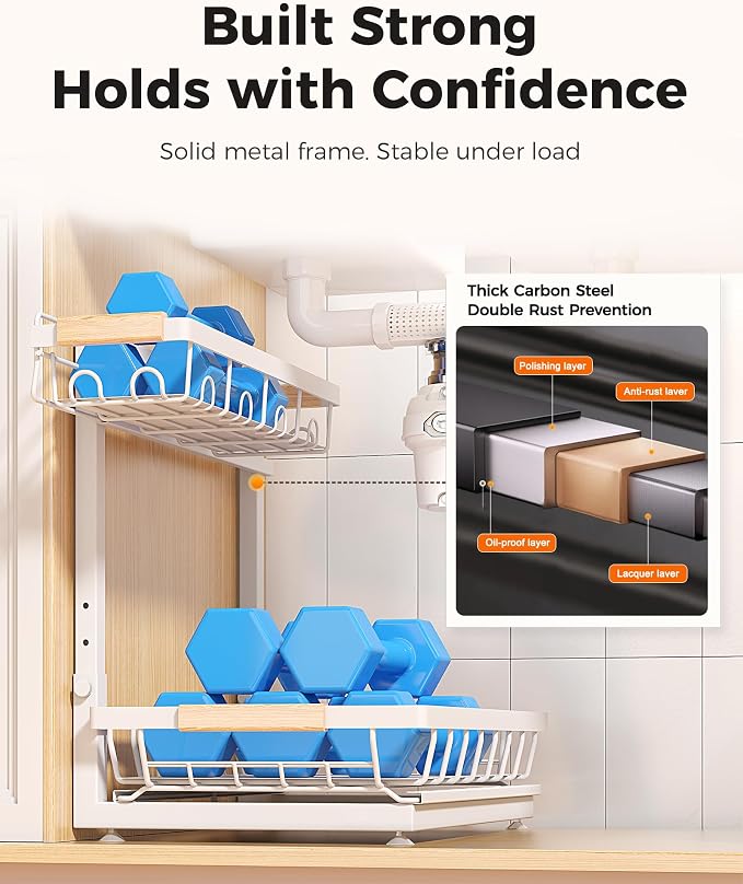 2-Pack 2-Tier Height Adjustable Under Sink Organizer & Storage | Multi-purpose storage for kitchen & bathroom cabinet. Large white shelf, height adjustable design for space-saving. - Image 6