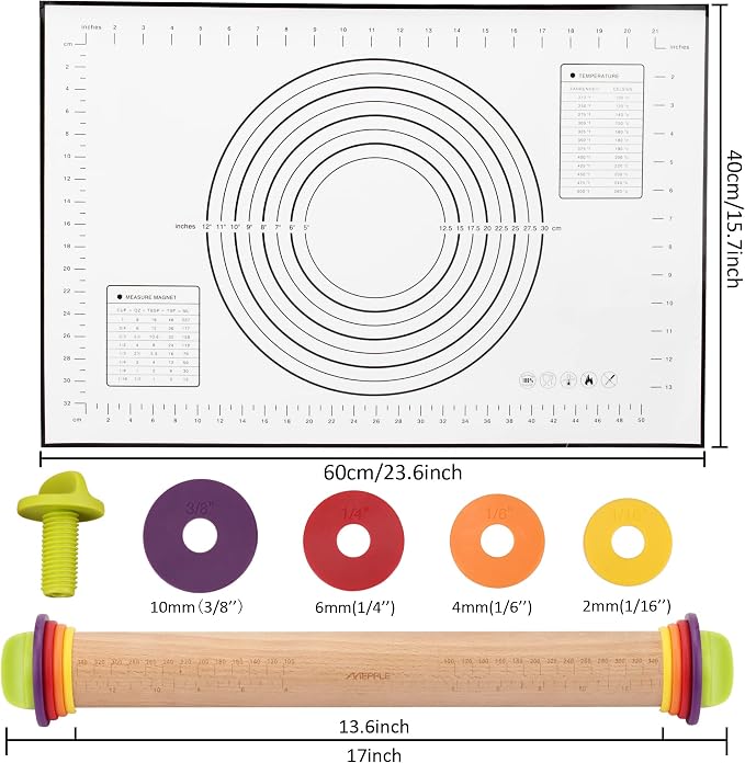 Rolling Pin with Thickness Rings,13.6''Dough Roller & Mat Fit Uniform Dough | Mepple Precision Wood Roller Rod with 4 MultiColor Measuring Rings for Fondant Cookie Pizza Pie Making At Home or Pro Bakers - Image 7