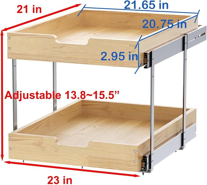 Sikarou Wood Pull Out Cabinet Organizer 2 Tie 23" W x 21" D, Heavy-Duty Sliding Drawers for Inside Cabinets Storage and Organization for Kitchen, Pantry, Bathroom - Image 2