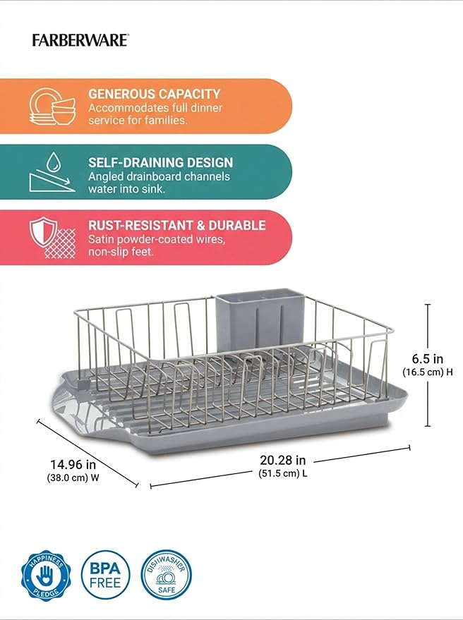 Farberware Classic 3-Piece Dish Drying Rack Set, Gray - Rust-Resistant Dish Rack for Kitchen Counter with Self-Draining Board and Flatware Caddy - Image 3