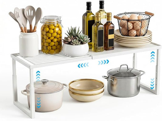 Expandable Cabinet Shelf Organizer, Stackable Countertop Shelves, White | 15.8''- 25.5'' In Cabinet Shelf, Adjustable Kitchen Cabinet Organizer for Pantry Organizer, CupBoard Organizers and Storage by Unknown