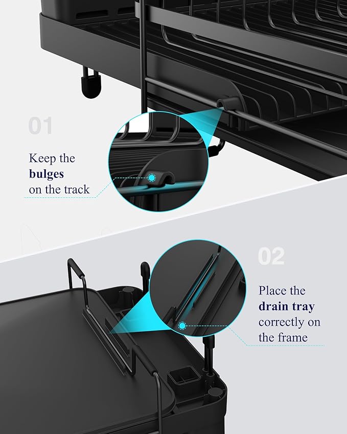 Kitsure Extendable Dish Drying Rack, 19.2"-26.7" L x 12.9" W, Black | Large Dish Rack, Multifunctional Dish Rack for Kitchen Counter, Anti-Rust Dish Drainers with Cutlery & Cup Holders - Image 8