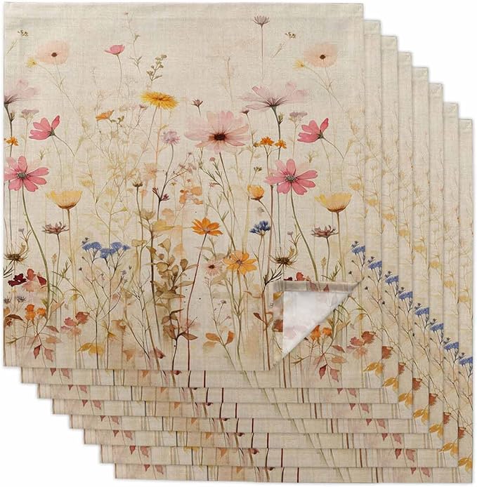 Botanical Wildflower Cloth Napkins Set of 8 - Washable Dinner Napkins Reusable Table Napkins for Home Party Weeding Dining Table Setting Decoration, Oversized 20"x20" Retro Colored Spring Floral Herb by Unknown