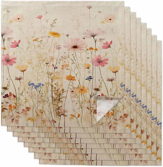 Botanical Wildflower Cloth Napkins Set of 8 - Washable Dinner Napkins Reusable Table Napkins for Home Party Weeding Dining Table Setting Decoration, Oversized 20"x20" Retro Colored Spring Floral Herb by Unknown