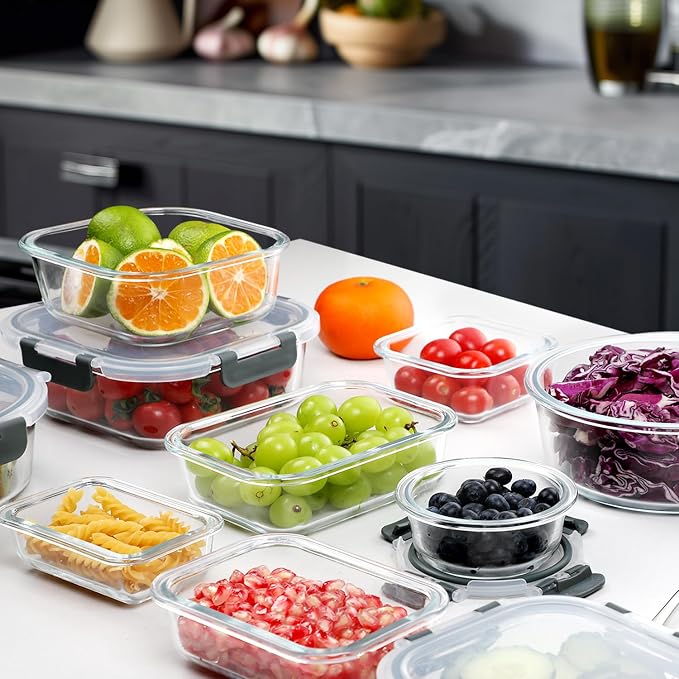 VERONES 30 Pieces Glass Food Storage Containers Set with Lids, Grey | Stackable Glass Meal Prep Containers Set with Lids, Airtight Lunch Containers, for Microwave, Oven, Freezer & Dishwasher - Image 7