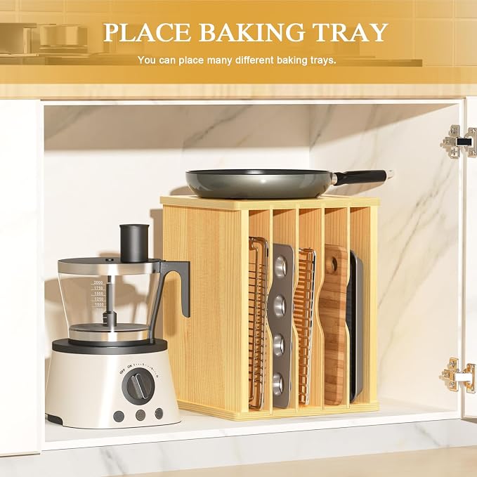 6 Tier Wood Tray Dividers for Cabinets, Cookie Sheet Organizer for Cabinet | Premium Wood, Multiple Sizes, Saving Space, Vertical Tray Dividers for Storing pans, Baking trays, Cutting Board - Image 5