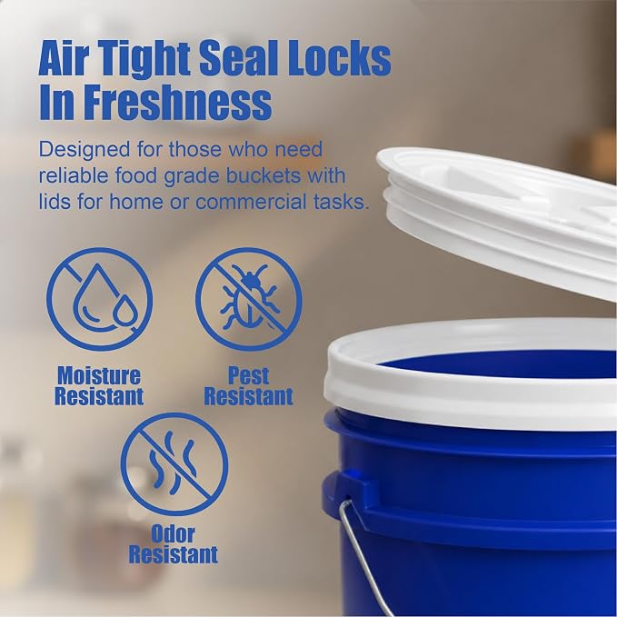 5 Gallon Bucket - Food Grade w/Lid BPA-Free, Blue/White, 6 | Airtight Gamma Seal Screw-On Lid, Heavy-Duty 90 Mil HDPE Plastic, Food Safe and Durable Container, Bulk Storage, Made in USA - Image 5
