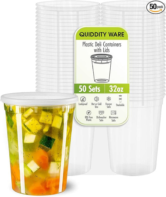 32oz-Deli Containers with Leakproof Lids-50 Pack BPA-Free Plastic Microwaveable Clear Food Storage Container Premium Heavy-Duty Quality, Freezer & Dishwasher Safe by QUIDDITY+WARE