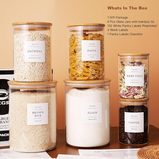 CZZGSM Set of 6 Glass Flour and Sugar jars with 132 Kitchen Pantry Labels - Thicken Large Glass Storage containers with Airtight Bamboo Lid - Rice Canisters for Salt Coffee - 100OZ/54OZ/27OZ - Image 2