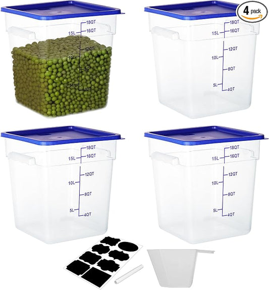 BIEAMA 4 Pack 18 Qt Square Food Storage Containers with Lids, NSF, Clear | Commercial polycarbonate containers with scale markings and handles; stackable for prep, brining, fermentation & bulk storage by BIEAMA