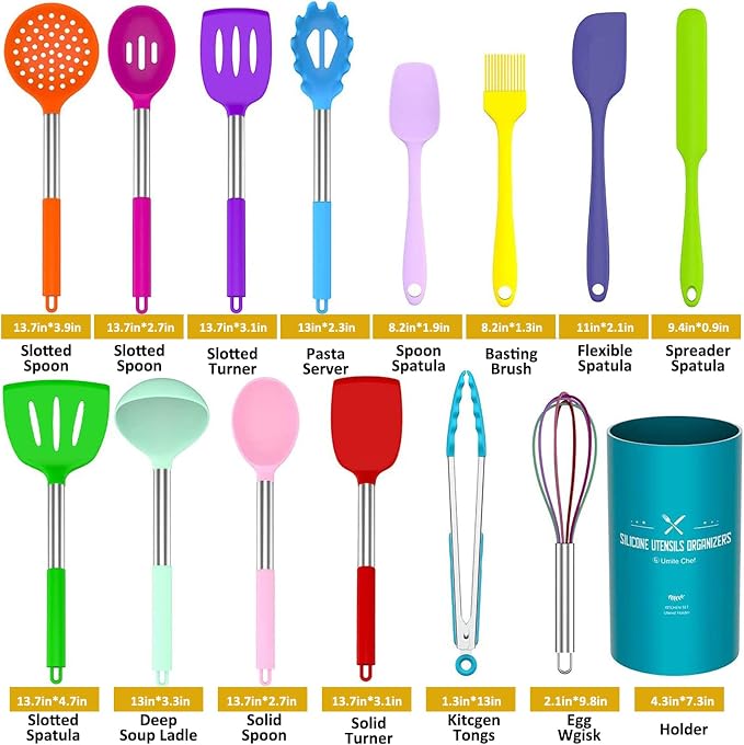 Umite Chef Kitchen Utensils Set, 15 pcs Silicone Cooking Kitchen Utensils Set, Non-stick Silicone Stainless Steel Handle Turner Spatula Spoon Tongs Whisk Cookware - Colorful - Image 2