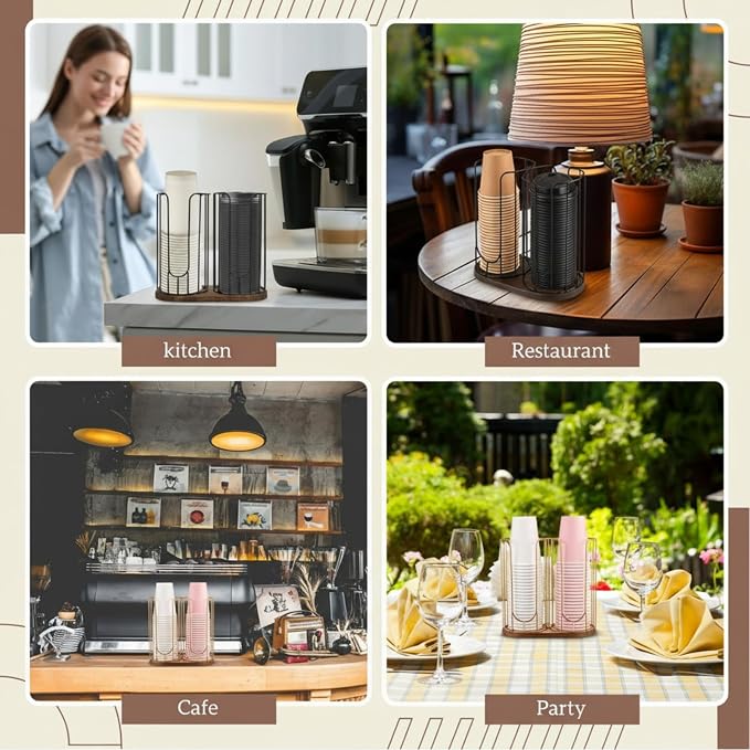 18oz Adjustable Coffee Cup Dispenser with Wooden Base, Cup and Lid Holder, Cups Holder Organizer for Coffee Pod Straw and Lid Storage(2-compartment Single,Color 2) - Image 6