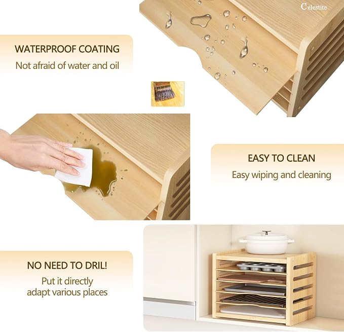 celestite Wooden Tray Dividers for Cabinets, Cookie Sheet Organizer for Cabinet, Baking Sheet Pan Organizer for Kitchen Organizers and Storage (6 Tier 12.4" Wx14.1 Hx16.7 D) - Image 7
