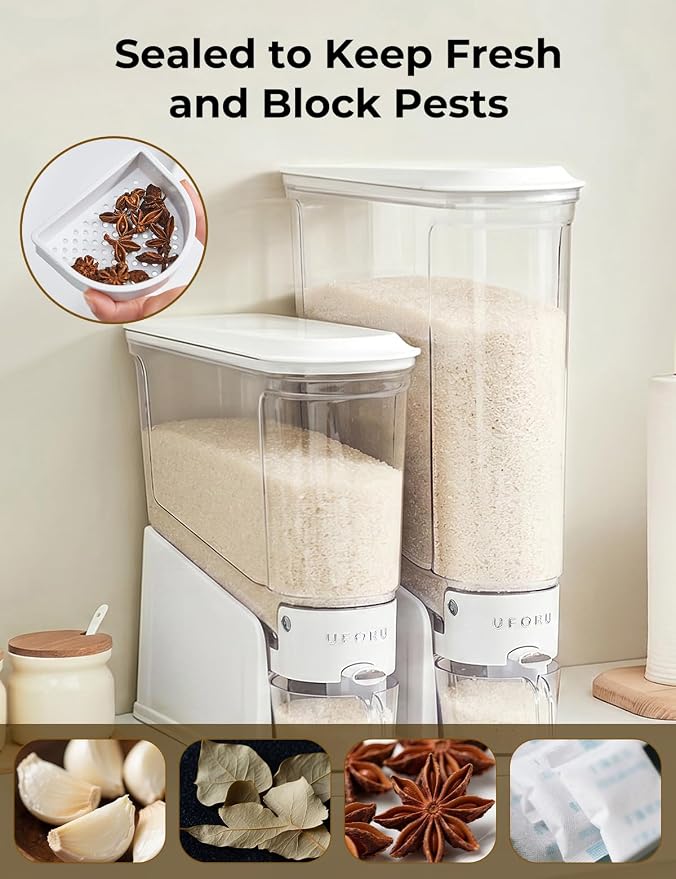 UFORU Slim Rice Dispenser 22 LB,Clear Rice Storage For Small Spaces | White,BPA-Free Sealed Design for Rice, Grain And Cereal,Rice Container Fits Narrow Pantry Shelves and Countertops - Image 4