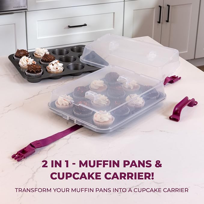 Cupcake Carrier for 24 Cupcakes - Innovative Cupcake Holder includes 2 Cupcake Pans with Lid and Handle - Cupcake Travel Container Carries 12 or 24 Standard-Size Cupcakes for Storage Safely - Image 2