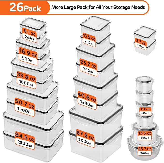 52 PCS Food Storage Container with Lid (26 Lids & 26 Containers) - Airtight Leakproof Plastic Kitchen Organization Set Reusable Microwave/Freezer/Dishwasher Safe Meal Prep Container with Label & Pen - Image 2