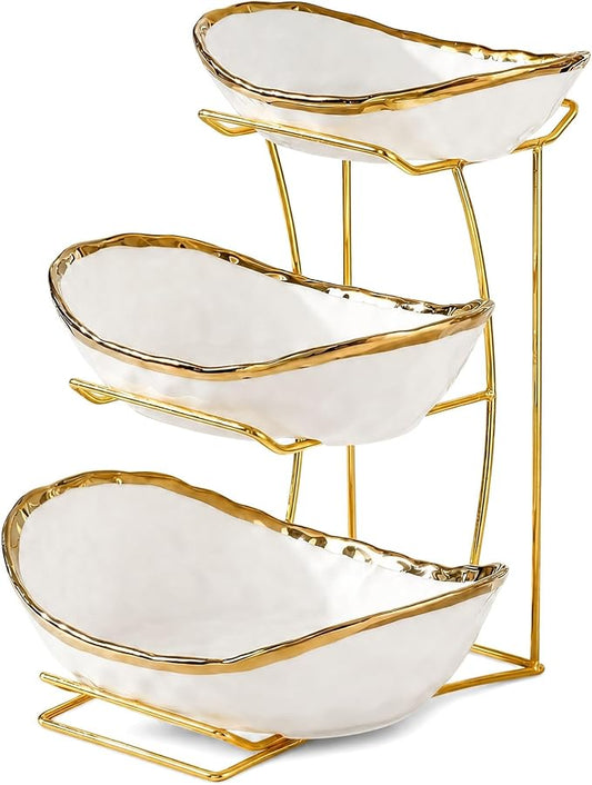 3 Tier White Ceramic Fruit Bowl with Gold Metal Stand, Modern Tiered Fruit Basket Rack for Kitchen Countertop, Large Storage Organizer for Fruit Vegetable Snacks Bread by Unknown