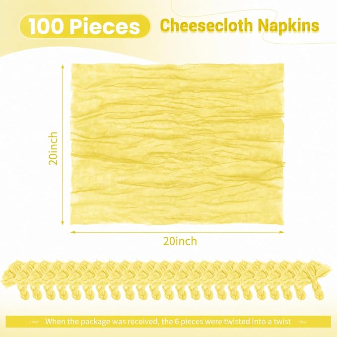 100 Pack Yellow Napkins 20x20Inch Cheesecloth Napkins Bulk | Elegant Cloth Napkins for Table, Washable Rustic Boho Gauze Napkins, for Wedding Party Bridal Baby Shower Dinner Table Decor - Image 2