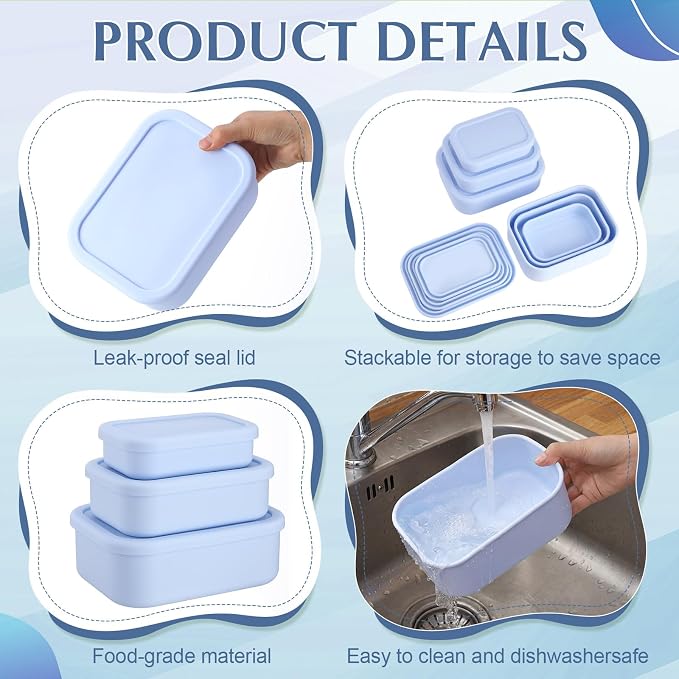 2 Sets of 6 Silicone Food Storage Containers, Reusable Lunch Bento Box with Lid, Hard Shell Storage Containers, Microwave Dishwasher Freezer Safe, 10 oz, 23.6 oz, 44 Ounce(Purple Blue) - Image 3