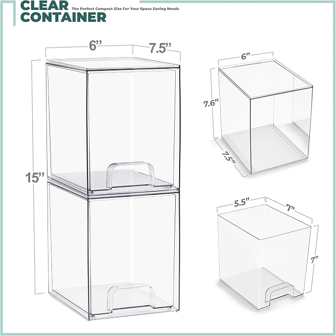 Sorbus Stackable Acrylic Storage Drawers, 2 Pack Clear Plastic Organizer Bins for Baby Bottles, Makeup, Bathroom, Vanity & Kitchen Countertop Organization, Pull-Out Drawer Design for Cabinets & Pantry - Image 3