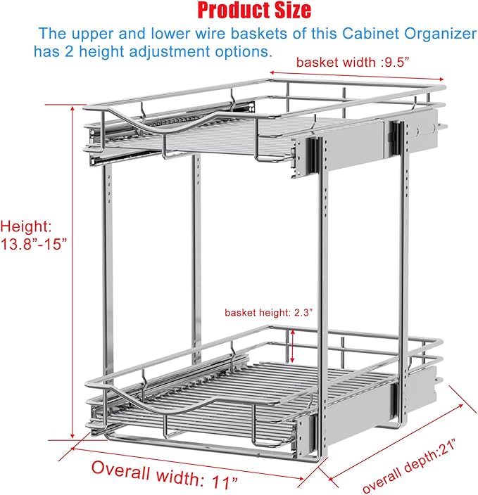 DINDON 2 Tier Pull Out Cabinet Organizer (11" W X 21" D), Double Tier Wire Basket Slide Out Shelf Storage for Kitchen Base Cabinet Organization ​for Kitchen, Pantry, Bathroom, Chrome - Image 2