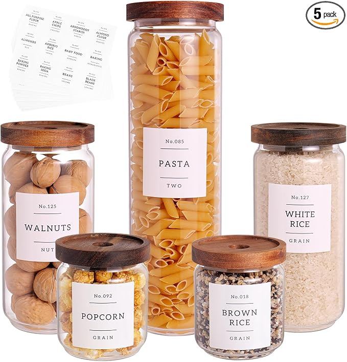 5 Set Glass Pantry Storage Jars with Acacia Airtight Lid - Thicken Glass Kitchen Canisters with 132 Pantry Labels - Clear Glass Food Storage Containers with Wood Lid for Tea,Sugar,Candy,Cookie,Pasta by CZZGSM