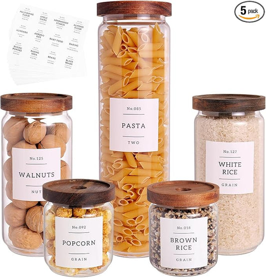 5 Set Glass Pantry Storage Jars with Acacia Airtight Lid - Thicken Glass Kitchen Canisters with 132 Pantry Labels - Clear Glass Food Storage Containers with Wood Lid for Tea,Sugar,Candy,Cookie,Pasta by CZZGSM