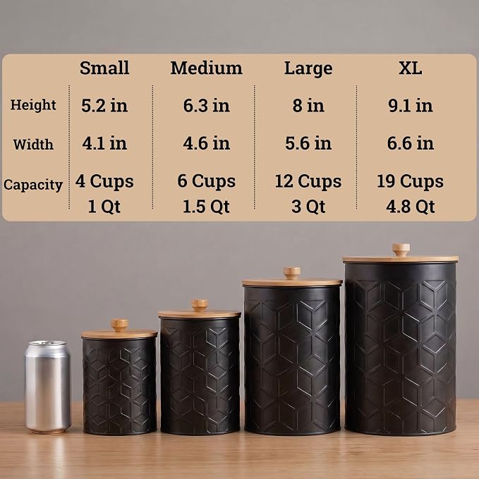 Kitchen Canisters for Countertop Set of 4, Textured Iron w/ Airtight Lids | Airtight Easy Open Bamboo Lids - Dent-Resistant Thick Metal - Sturdy Comfortable Bamboo Handles - Raised Textured Pattern - Image 6