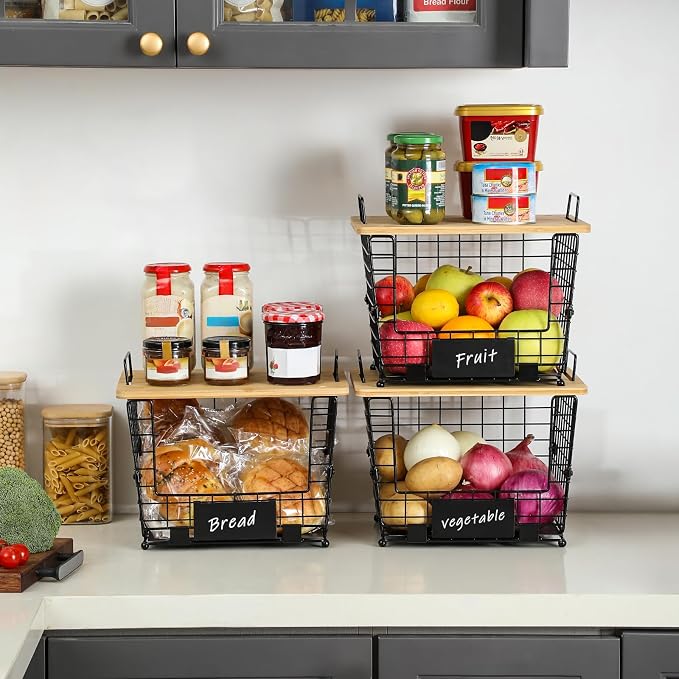 2 Set Large Stackable Wire Basket with Bamboo Tops & Tag- Pantry Organizer and Storage Bins, Kitchen Counter Cabinet Shelf Countertop Under Sink Organizing for Food Snack Produce Onion Potato Bread - Image 3