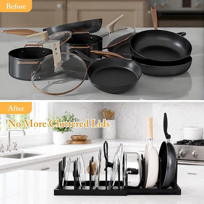 MinBoo Bamboo Expandable Pot Lid Organizer, Pot and Pan Organizer Drawer Organizer for Pot Lids, Adjustable 10 U-Shaped Dividers for Kitchen Cabinet Organizers and Storage,Black - Image 5