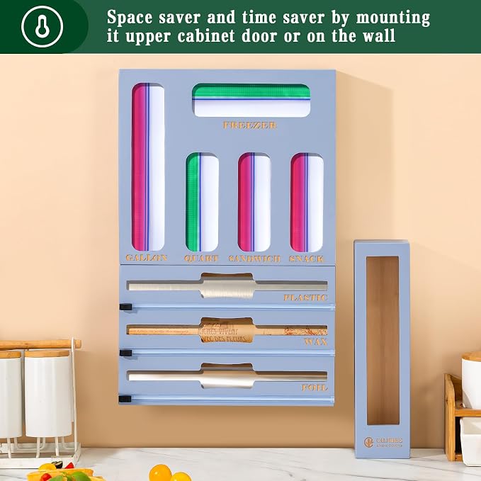 Calmbee 9 in 1 Bamboo Storage Bag Organizer for Kitchen Drawer – Plastic Wrap Dispenser with Cutter & Foil Organizer, Wooden Baggie Organizer for Sandwich, Snack, Gallon, Quart Sizes, Grey - Image 6