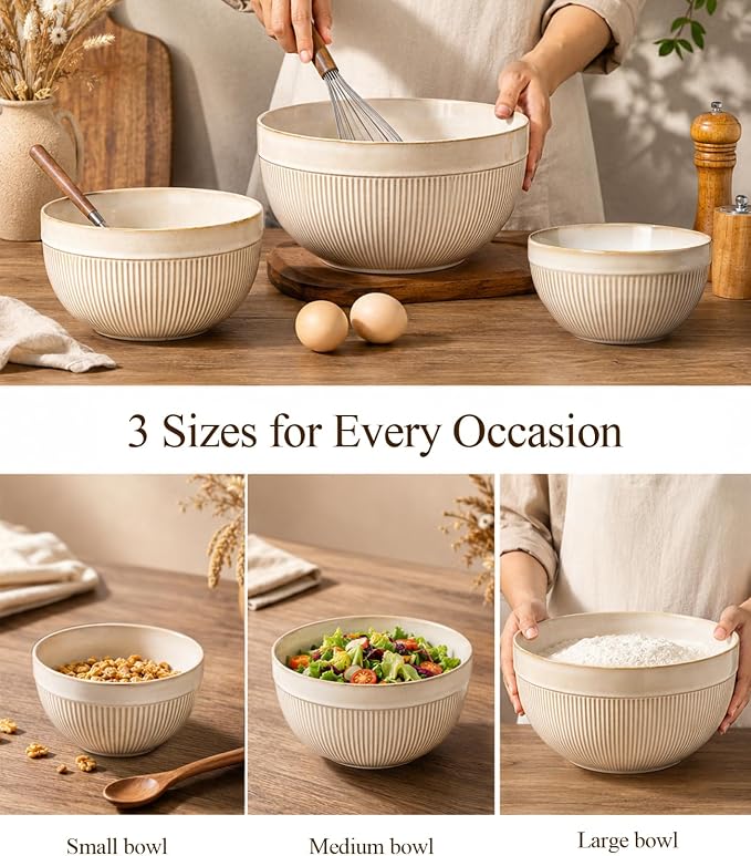 GBhome Ceramic Mixing Bowls Set of 3, Stoneware Nesting Serving Bowls | 45/90/150 oz For Prep, Baking, Serving, Gift, Microwave and Dishwasher Safe, Ribbed Dishware Collection,Cappuccino - Image 4