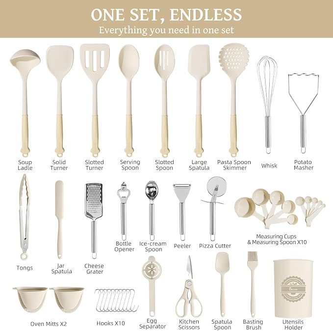 Kikcoin 43 PCS Silicone Kitchen Utensils Set, Dishwasher Safe Kitchen Cooking Utensils Set, 446°F Spatulas Silicone Heat Resistant, Non Toxic Silicone Utensils Set With Two-Tone Grip Handles, Cream - Image 2