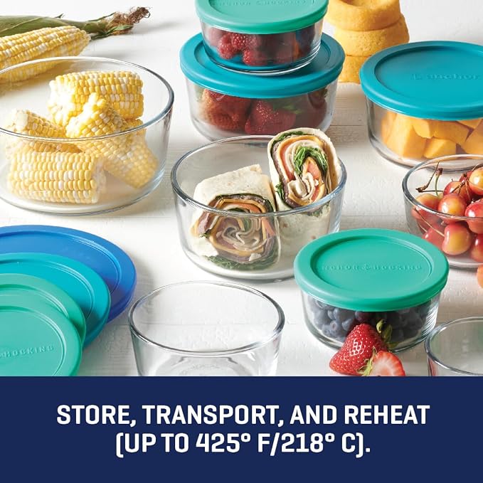 Anchor Hocking 18 Piece Glass Storage Containers with Lids (9 Glass Food Storage Containers & 9 Mixed Blue SnugFit Lids) - Image 4