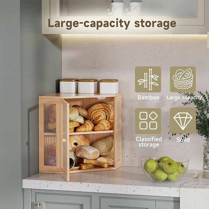 Corner Bread Box for Kitchen Countertop,Bread Storage Bin (Natural, Mediun) | Double Layer Large Capacity Bamboo Bread Container with Acrylic Door,Height Adjustable - Image 6