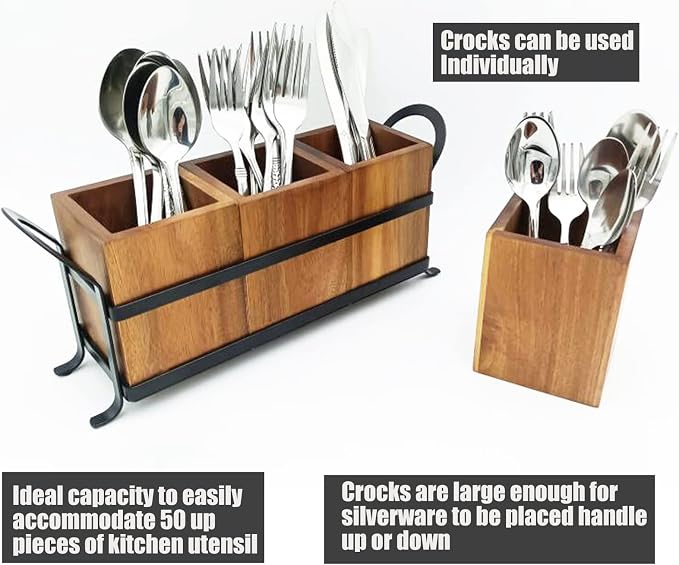 NelyBet Utensil Caddy Silverware Cutlery Holder with 3 Compartment, Wooden Utensil Crock Flatware Organizers with Metal Tray, Rustic Kitchen Utensil Organizers for Farmhouse Kitchen and Countertop - Image 7