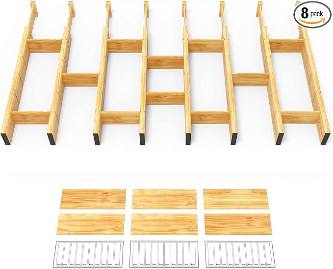 SpaceAid Bamboo Drawer Dividers with Inserts and Labels, Kitchen Adjustable Drawer Organizers, Expandable Organization for Home, Office, Dressers and Bathroom, 8 Dividers with 18 Inserts (17-22 in) by SpaceAid