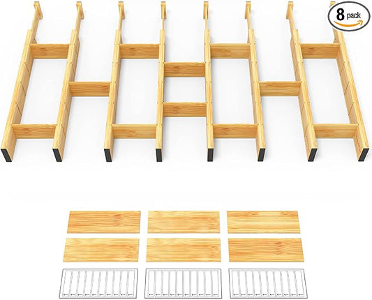 SpaceAid Bamboo Drawer Dividers with Inserts and Labels, Kitchen Adjustable Drawer Organizers, Expandable Organization for Home, Office, Dressers and Bathroom, 8 Dividers with 18 Inserts (17-22 in) by SpaceAid
