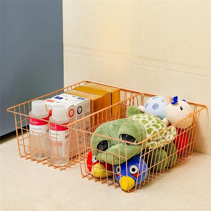 SANNO Wire Storage Basket, Farmhouse Pantre Freezer Baskets bins Metal Baskets Kitchen Storage Organizer Bin for Pantry, Shelf, Freezer, Kitchen Cabinet, Bathroom, Rose Gold - Image 2