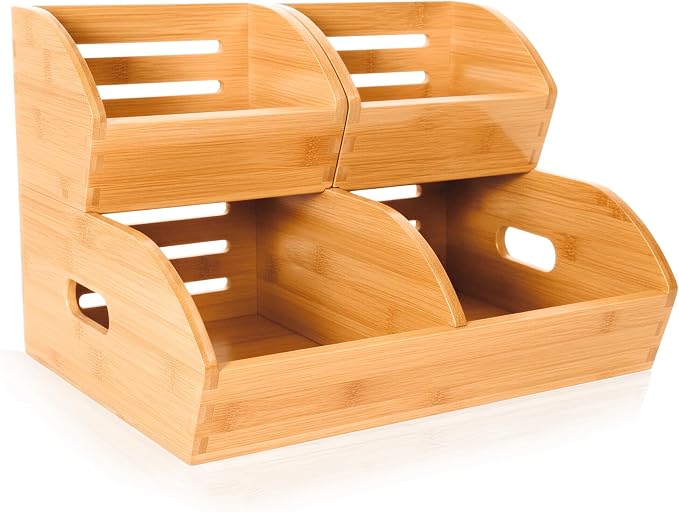 Stackable Bamboo Produce Storage Bin with Ventilation & Handles | 3 Pack, Natural Bamboo Finish, Stores Potato, Onion, Bread, Veggies & Fruits, Ideal For Kitchen Pantry & Home Cabinet Storage by GrowBou