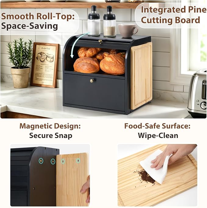 Sunhoo Wooden Bread Box for Kitchen Countertop, Roll Top Breadbox, Black | Large Double Layer Pantry Container, Solid Wood with Cutting Board, Fresh Homemade Sourdough Bin Cabinet, Vintage Farmhouse - Image 3