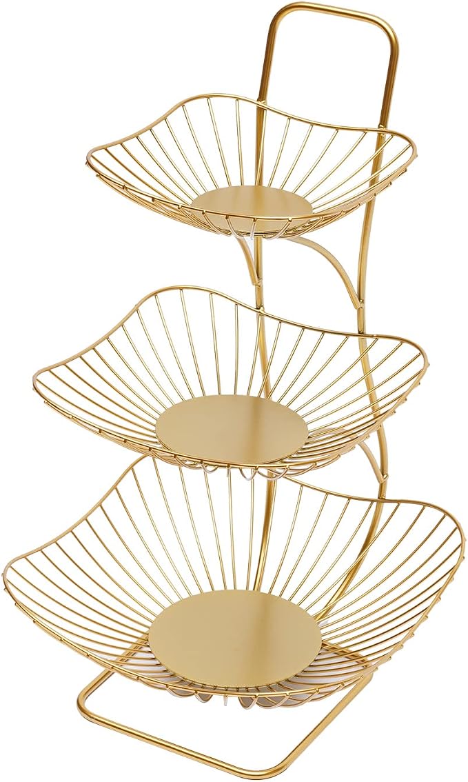 3-Tier Fruit Basket for Kitchen Counter, Gold Metal Countertop Fruit Vegetables Basket Bowl Storage,Fruits Holder Stand for Bread Snack Veggies Produce Storage - Image 3