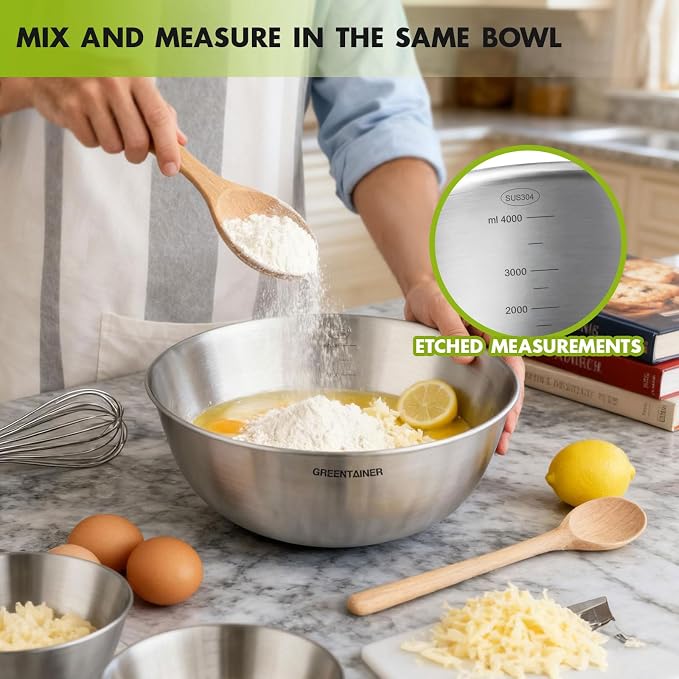 Greentainer Stainless Steel Mixing Bowls Set of 6, Nesting Bowls with Measurement Markings, 7.6 to 0.8 Qt for Baking, Prepping, Cooking and Serving Food, Large Metal Kitchen Bowls Dishwasher Safe - Image 3