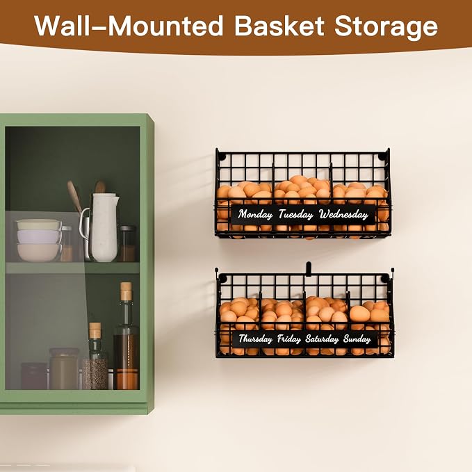 Egg Basket, Stackable Wall Mount Egg Holder Countertop with Weekday Labels | Rustproof carbon steel basket with adjustable dividers, ideal for backyard poultry, small kitchen & pantry storage, Black - Image 4