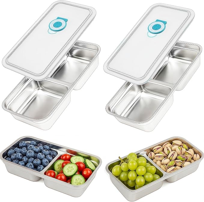 2Pcs 304 Stainless Steel Snack Containers, 2 Compartments Portable Food Storage Bento Boxes with Lids, Divided Meal Prep Lunch Box Food Container Dishwasher Safe by BSTUR