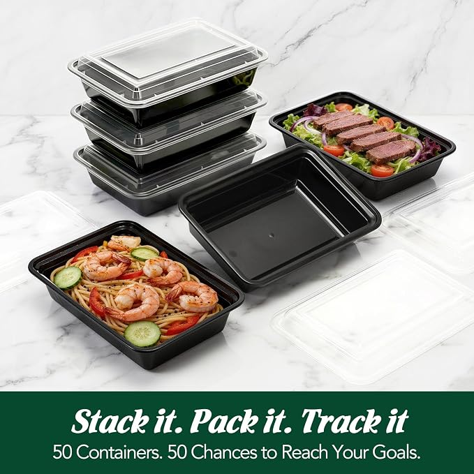 Glotoch Meal Prep Containers 32oz 50 Pack(100 Piece) with Lids, Plastic Food Storage Containers Reusable, Bento Boxes for Portion Control,Takeout, Lunch, Salad, Microwave/Freezer/Dishwasher safe - Image 8